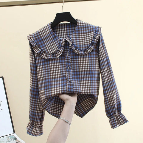 French Style Plaid Shirt Peter Pan Collar Long Sleeved Jacket - American Thistle French Style Plaid Shirt Peter Pan Collar Long Sleeved Jacket
