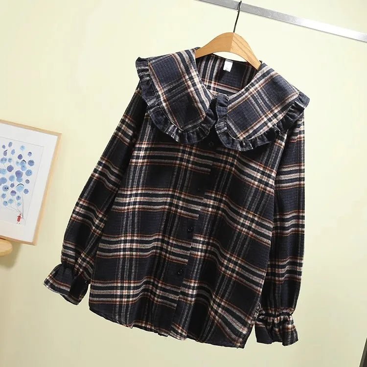 French Style Plaid Shirt Peter Pan Collar Long Sleeved Jacket - American Thistle French Style Plaid Shirt Peter Pan Collar Long Sleeved Jacket