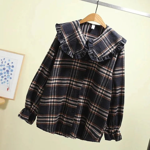 French Style Plaid Shirt Peter Pan Collar Long Sleeved Jacket - American Thistle French Style Plaid Shirt Peter Pan Collar Long Sleeved Jacket