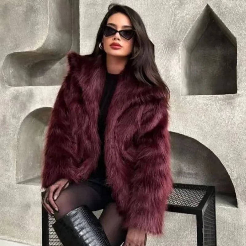 Fur Coat Women Plush Burgundy Winter Coat - American Thistle Fur Coat Women Plush Burgundy Winter Coat