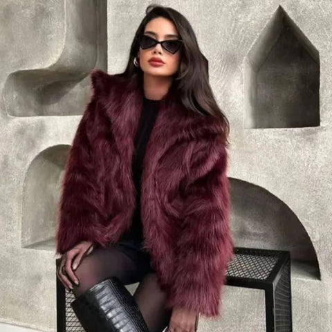 Fur Coat Women Plush Burgundy Winter Coat - American Thistle Fur Coat Women Plush Burgundy Winter Coat