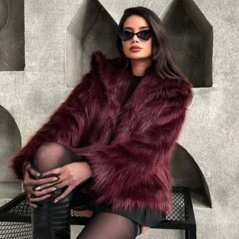 Fur Coat Women Plush Burgundy Winter Coat - American Thistle Fur Coat Women Plush Burgundy Winter Coat