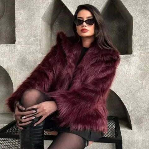 Fur Coat Women Plush Burgundy Winter Coat - American Thistle Fur Coat Women Plush Burgundy Winter Coat