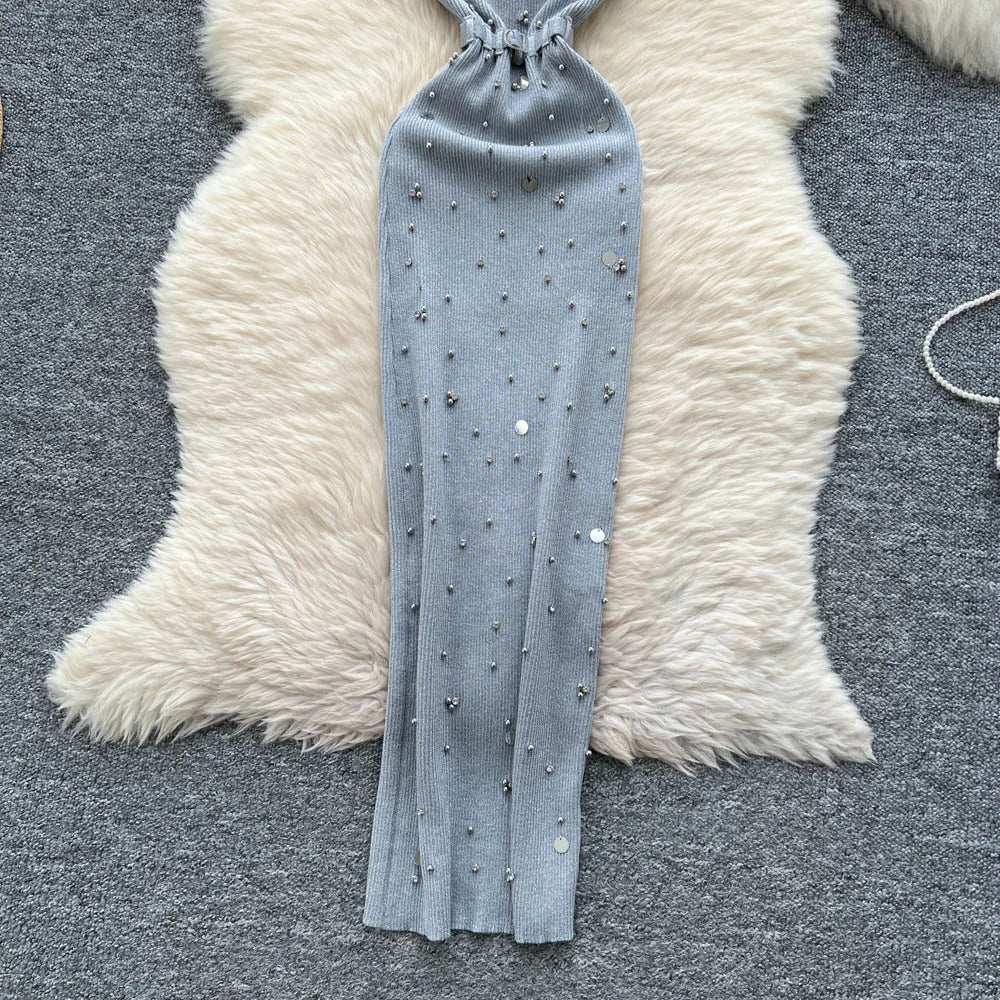 Gem Knitting Split Long Dress Sleeveless Sequins Diamond - American Thistle Gem Knitting Split Long Dress Sleeveless Sequins Diamond