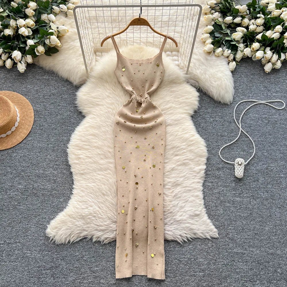 Gem Knitting Split Long Dress Sleeveless Sequins Diamond - American Thistle Gem Knitting Split Long Dress Sleeveless Sequins Diamond