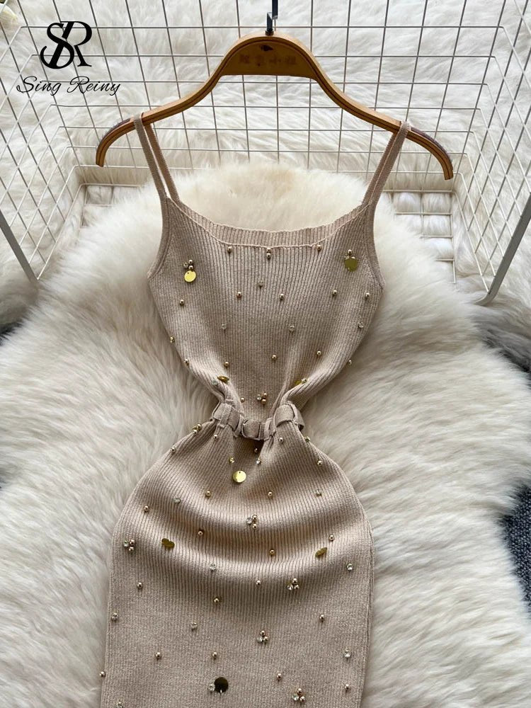 Gem Knitting Split Long Dress Sleeveless Sequins Diamond - American Thistle Gem Knitting Split Long Dress Sleeveless Sequins Diamond