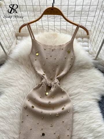 Gem Knitting Split Long Dress Sleeveless Sequins Diamond - American Thistle Gem Knitting Split Long Dress Sleeveless Sequins Diamond