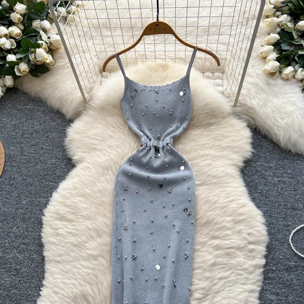 Gem Knitting Split Long Dress Sleeveless Sequins Diamond - American Thistle Gem Knitting Split Long Dress Sleeveless Sequins Diamond