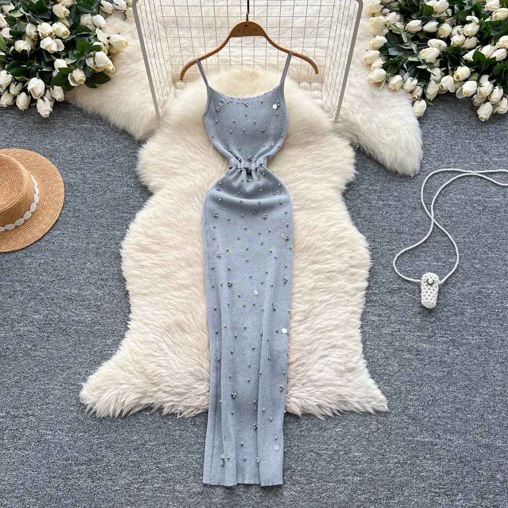 Gem Knitting Split Long Dress Sleeveless Sequins Diamond - American Thistle Gem Knitting Split Long Dress Sleeveless Sequins Diamond