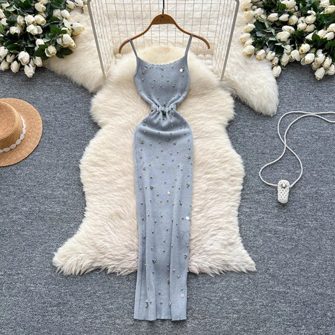 Gem Knitting Split Long Dress Sleeveless Sequins Diamond - American Thistle Gem Knitting Split Long Dress Sleeveless Sequins Diamond