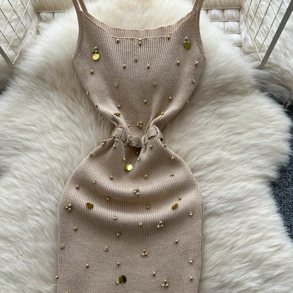 Gem Knitting Split Long Dress Sleeveless Sequins Diamond - American Thistle Gem Knitting Split Long Dress Sleeveless Sequins Diamond