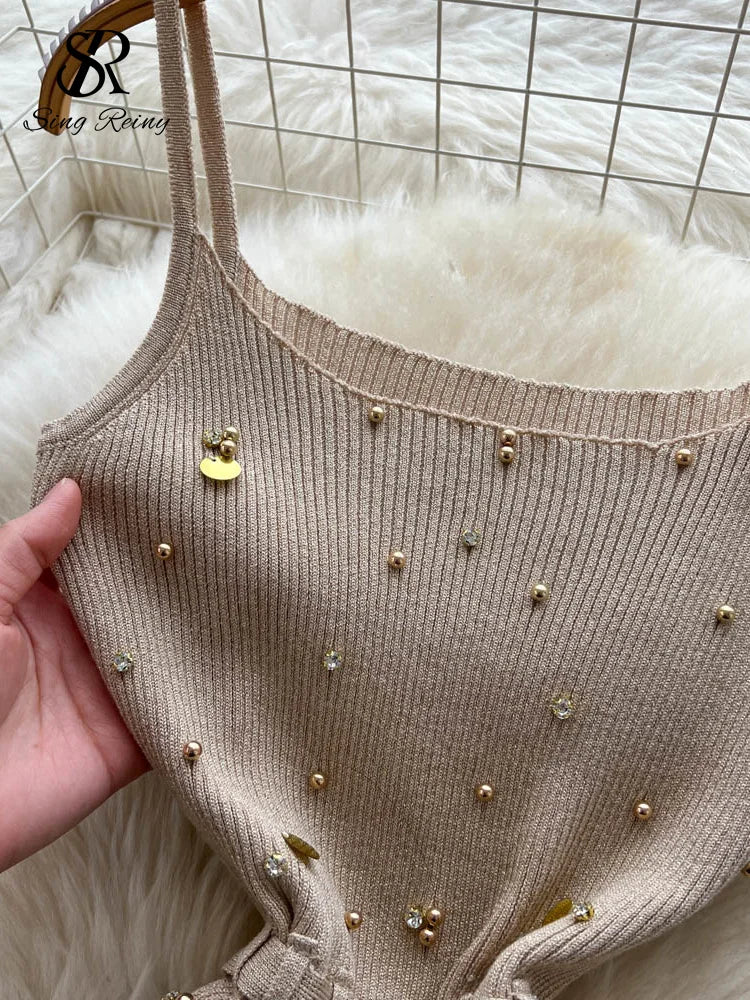 Gem Knitting Split Long Dress Sleeveless Sequins Diamond - American Thistle Gem Knitting Split Long Dress Sleeveless Sequins Diamond