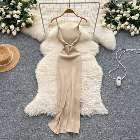 Gem Knitting Split Long Dress Sleeveless Sequins Diamond - American Thistle Gem Knitting Split Long Dress Sleeveless Sequins Diamond