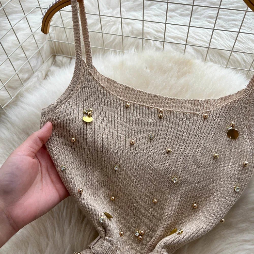 Gem Knitting Split Long Dress Sleeveless Sequins Diamond - American Thistle Gem Knitting Split Long Dress Sleeveless Sequins Diamond