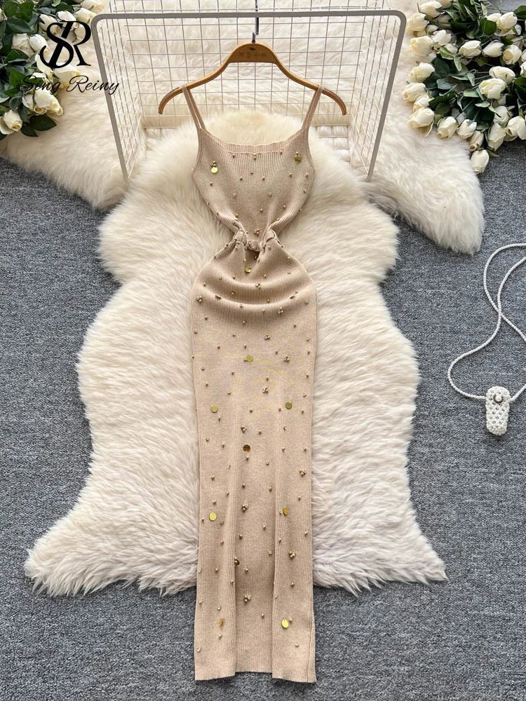 Gem Knitting Split Long Dress Sleeveless Sequins Diamond - American Thistle Gem Knitting Split Long Dress Sleeveless Sequins Diamond