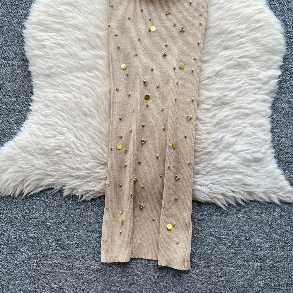 Gem Knitting Split Long Dress Sleeveless Sequins Diamond - American Thistle Gem Knitting Split Long Dress Sleeveless Sequins Diamond