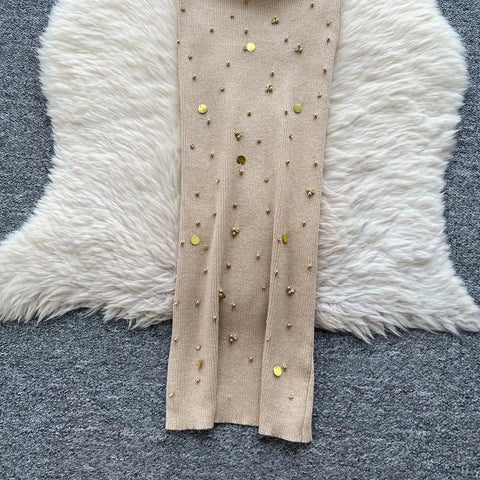 Gem Knitting Split Long Dress Sleeveless Sequins Diamond - American Thistle Gem Knitting Split Long Dress Sleeveless Sequins Diamond