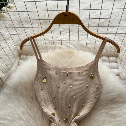 Gem Knitting Split Long Dress Sleeveless Sequins Diamond - American Thistle Gem Knitting Split Long Dress Sleeveless Sequins Diamond