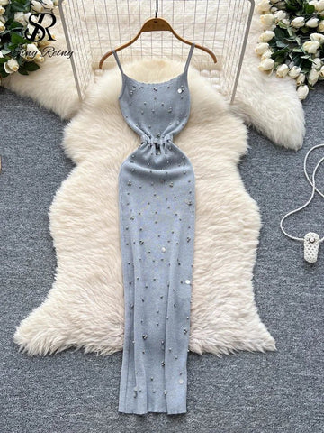 Gem Knitting Split Long Dress Sleeveless Sequins Diamond - American Thistle Gem Knitting Split Long Dress Sleeveless Sequins Diamond