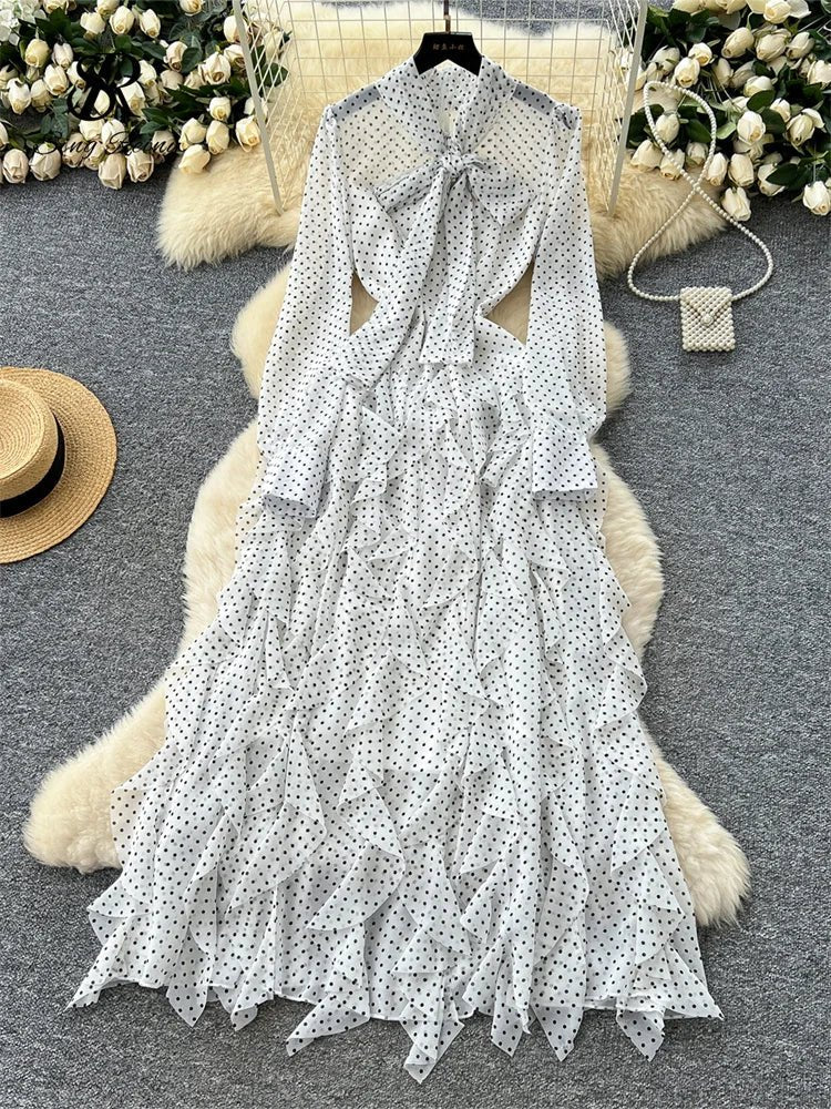 Gentle Polka Dots Long Dress Bow Collar Full Sleeves Ruffles Dresses Maxi Dress - American Thistle Gentle Polka Dots Long Dress Bow Collar Full Sleeves Ruffles Dresses Maxi Dress
