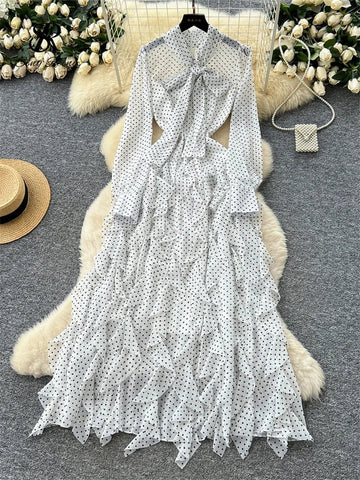 Gentle Polka Dots Long Dress Bow Collar Full Sleeves Ruffles Dresses Maxi Dress - American Thistle Gentle Polka Dots Long Dress Bow Collar Full Sleeves Ruffles Dresses Maxi Dress