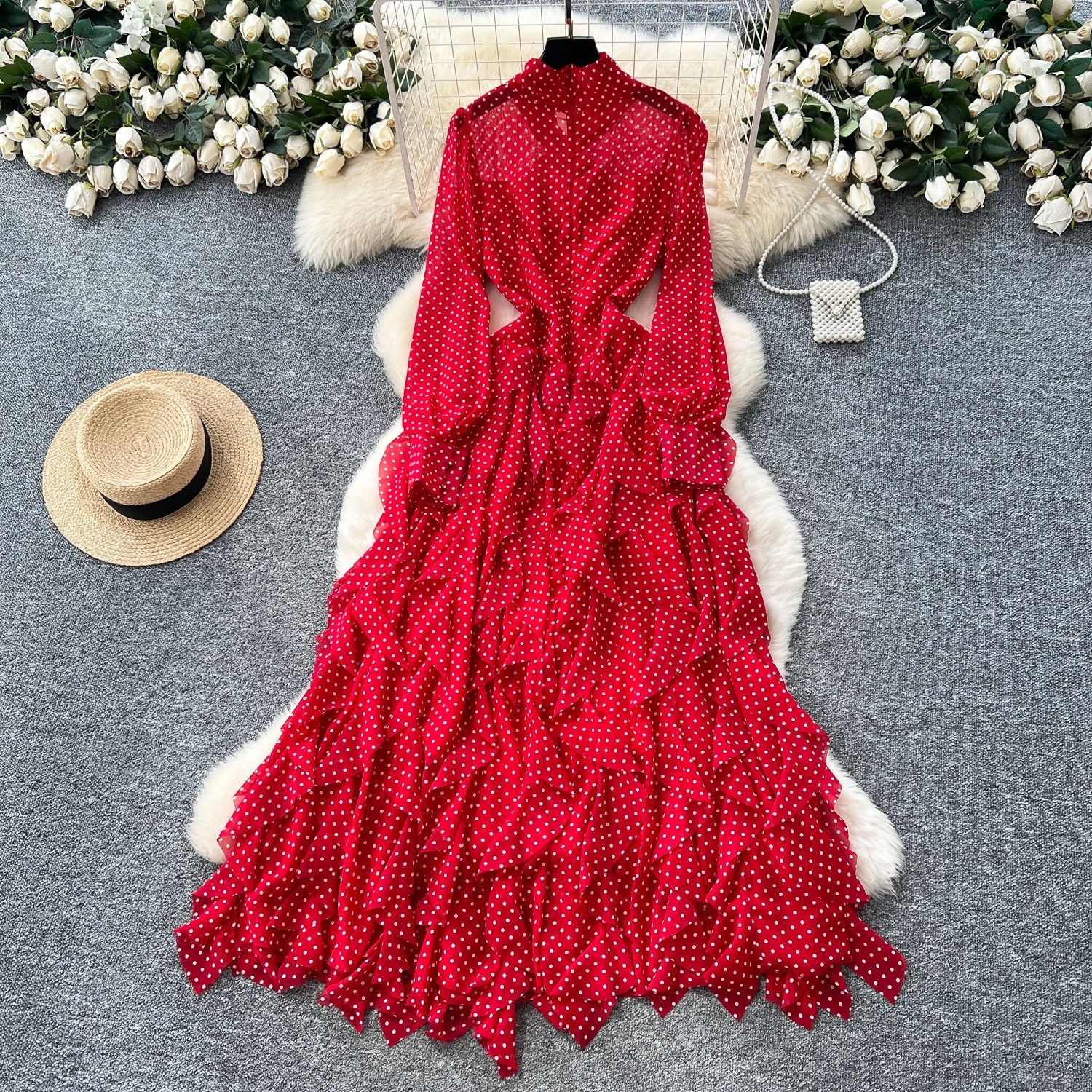 Gentle Polka Dots Long Dress Bow Collar Full Sleeves Ruffles Dresses Maxi Dress - American Thistle Gentle Polka Dots Long Dress Bow Collar Full Sleeves Ruffles Dresses Maxi Dress