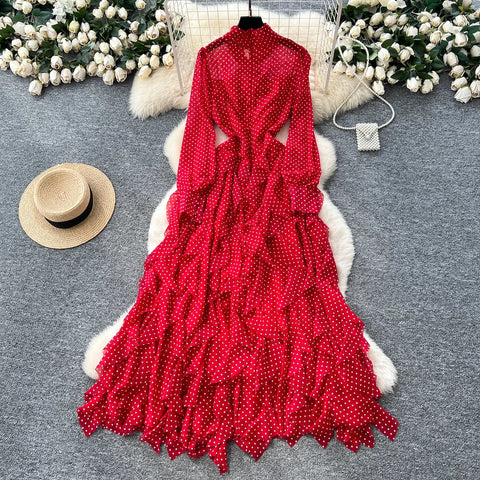 Gentle Polka Dots Long Dress Bow Collar Full Sleeves Ruffles Dresses Maxi Dress - American Thistle Gentle Polka Dots Long Dress Bow Collar Full Sleeves Ruffles Dresses Maxi Dress