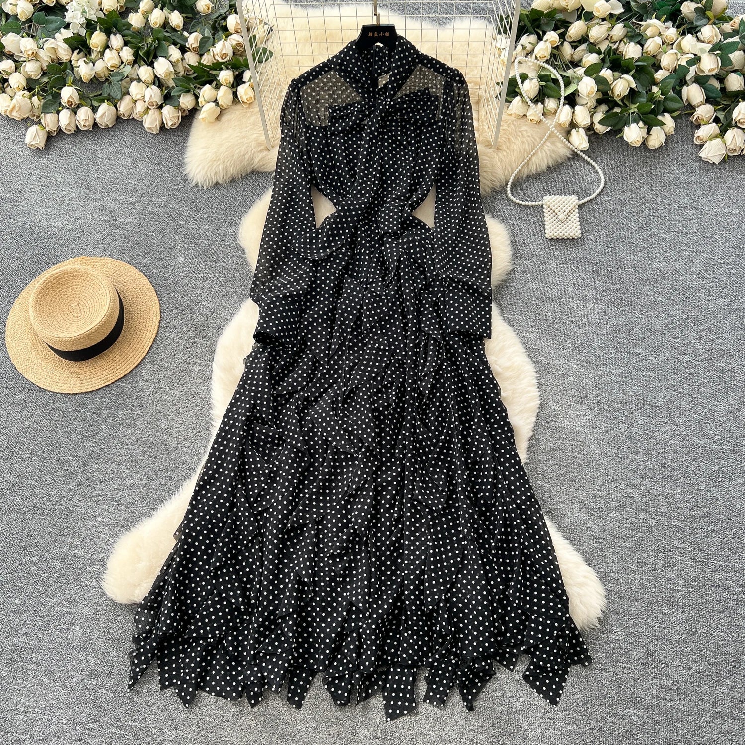Gentle Polka Dots Long Dress Bow Collar Full Sleeves Ruffles Dresses Maxi Dress - American Thistle Gentle Polka Dots Long Dress Bow Collar Full Sleeves Ruffles Dresses Maxi Dress