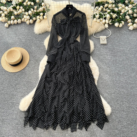 Gentle Polka Dots Long Dress Bow Collar Full Sleeves Ruffles Dresses Maxi Dress - American Thistle Gentle Polka Dots Long Dress Bow Collar Full Sleeves Ruffles Dresses Maxi Dress