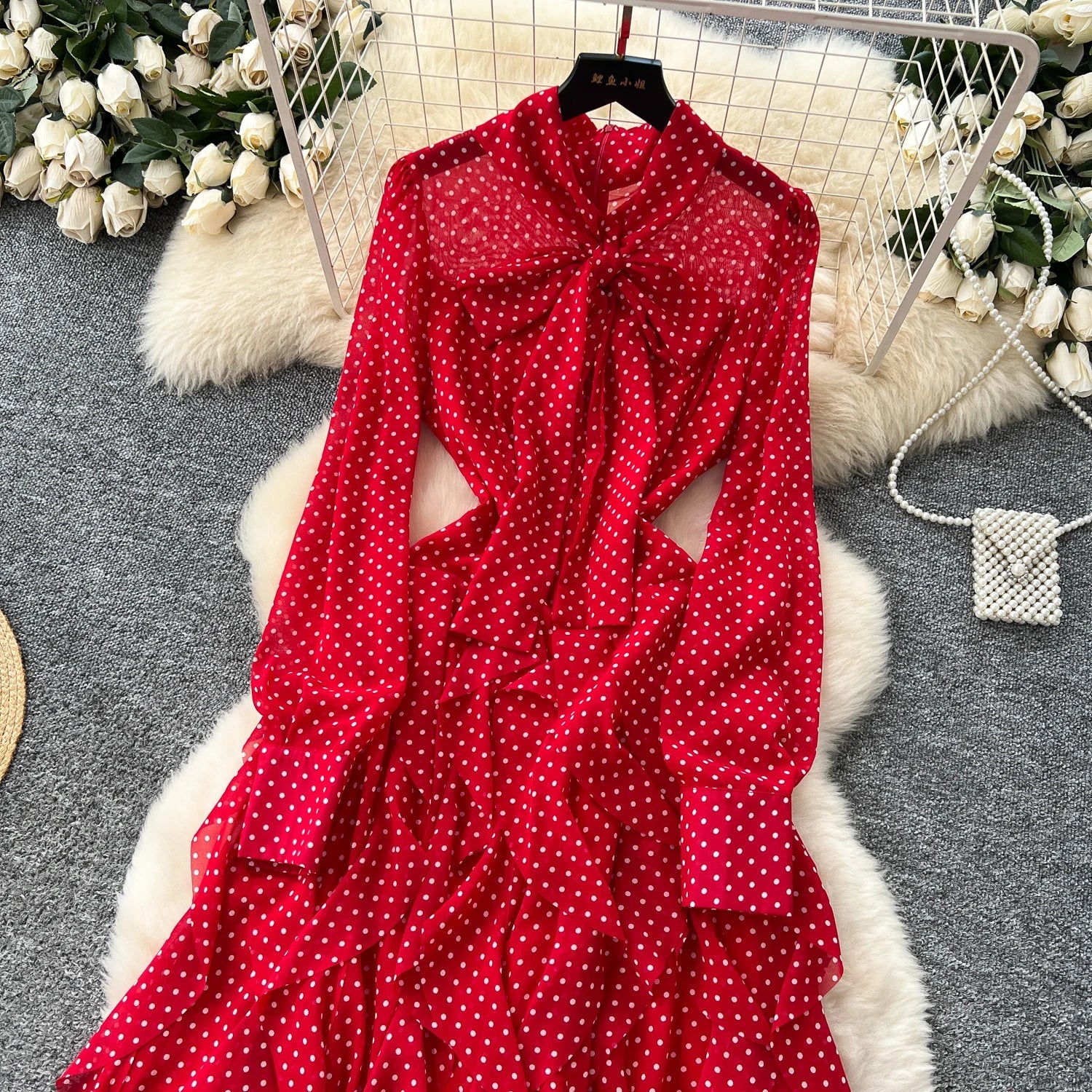 Gentle Polka Dots Long Dress Bow Collar Full Sleeves Ruffles Dresses Maxi Dress - American Thistle Gentle Polka Dots Long Dress Bow Collar Full Sleeves Ruffles Dresses Maxi Dress