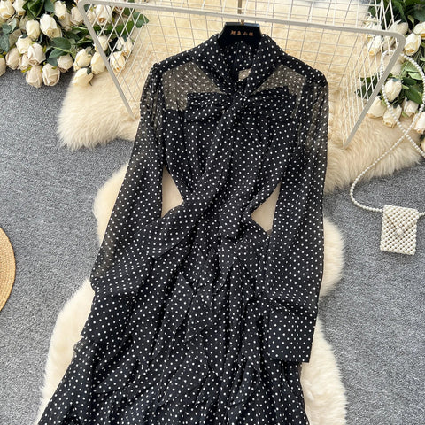 Gentle Polka Dots Long Dress Bow Collar Full Sleeves Ruffles Dresses Maxi Dress - American Thistle Gentle Polka Dots Long Dress Bow Collar Full Sleeves Ruffles Dresses Maxi Dress