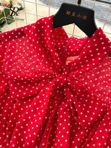 Gentle Polka Dots Long Dress Bow Collar Full Sleeves Ruffles Dresses Maxi Dress - American Thistle Gentle Polka Dots Long Dress Bow Collar Full Sleeves Ruffles Dresses Maxi Dress