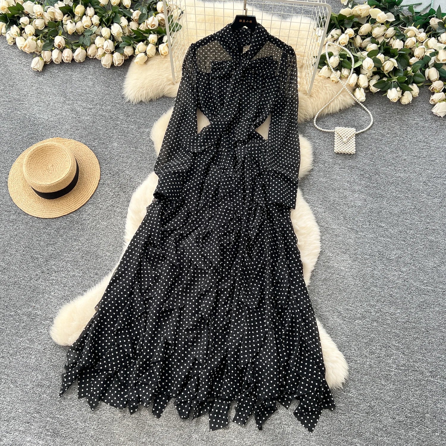 Gentle Polka Dots Long Dress Bow Collar Full Sleeves Ruffles Dresses Maxi Dress - American Thistle Gentle Polka Dots Long Dress Bow Collar Full Sleeves Ruffles Dresses Maxi Dress