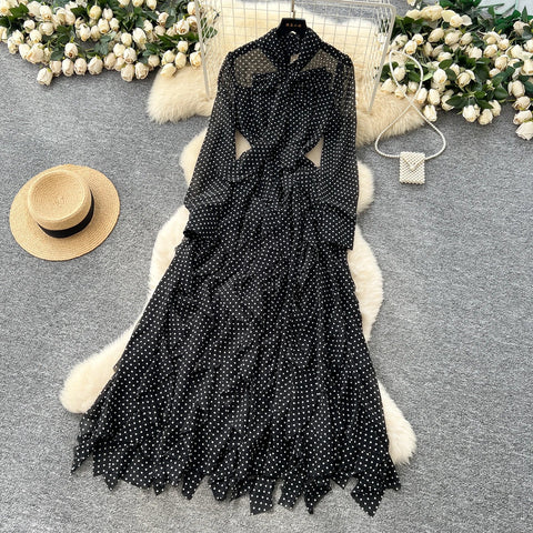Gentle Polka Dots Long Dress Bow Collar Full Sleeves Ruffles Dresses Maxi Dress - American Thistle Gentle Polka Dots Long Dress Bow Collar Full Sleeves Ruffles Dresses Maxi Dress