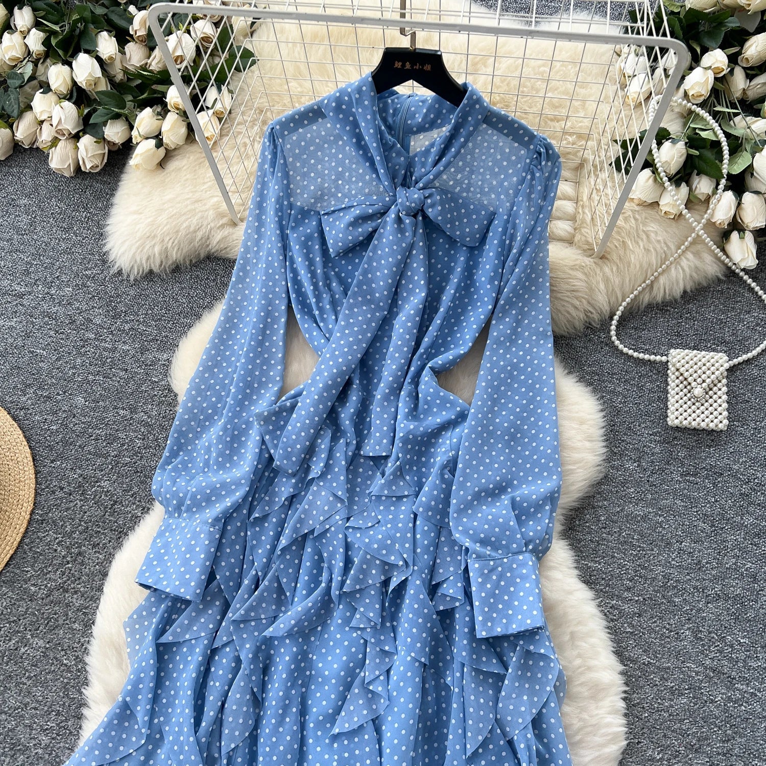 Gentle Polka Dots Long Dress Bow Collar Full Sleeves Ruffles Dresses Maxi Dress - American Thistle Gentle Polka Dots Long Dress Bow Collar Full Sleeves Ruffles Dresses Maxi Dress
