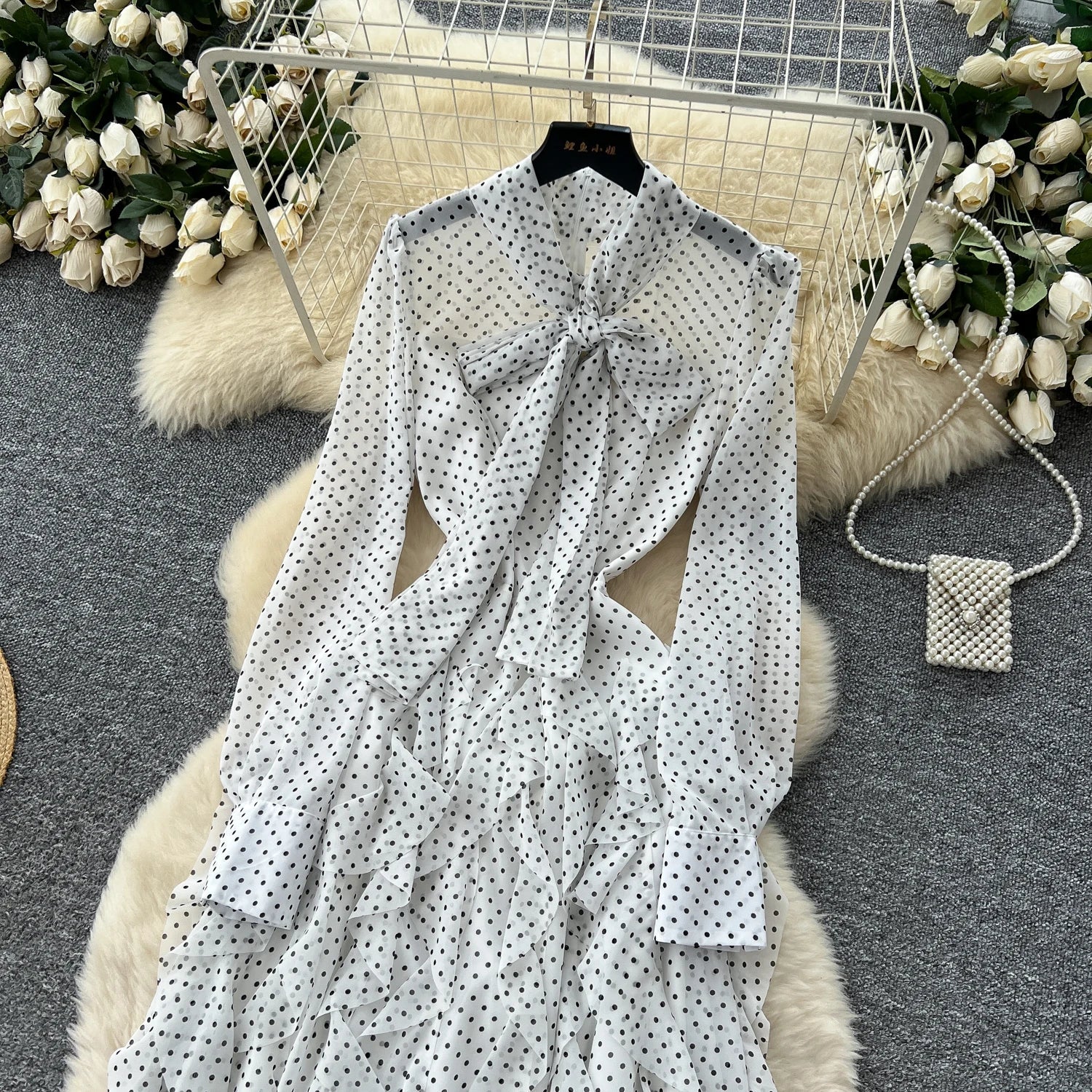 Gentle Polka Dots Long Dress Bow Collar Full Sleeves Ruffles Dresses Maxi Dress - American Thistle Gentle Polka Dots Long Dress Bow Collar Full Sleeves Ruffles Dresses Maxi Dress