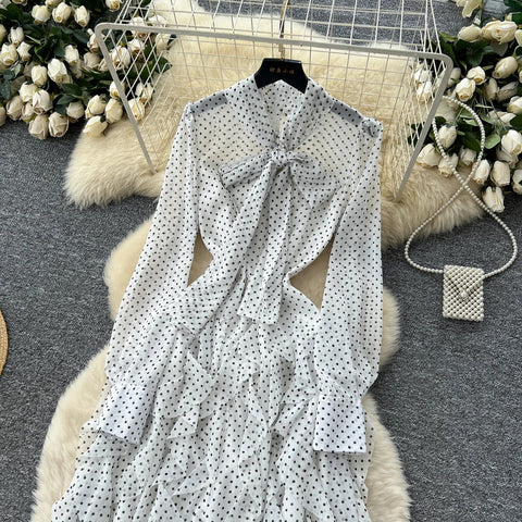 Gentle Polka Dots Long Dress Bow Collar Full Sleeves Ruffles Dresses Maxi Dress - American Thistle Gentle Polka Dots Long Dress Bow Collar Full Sleeves Ruffles Dresses Maxi Dress