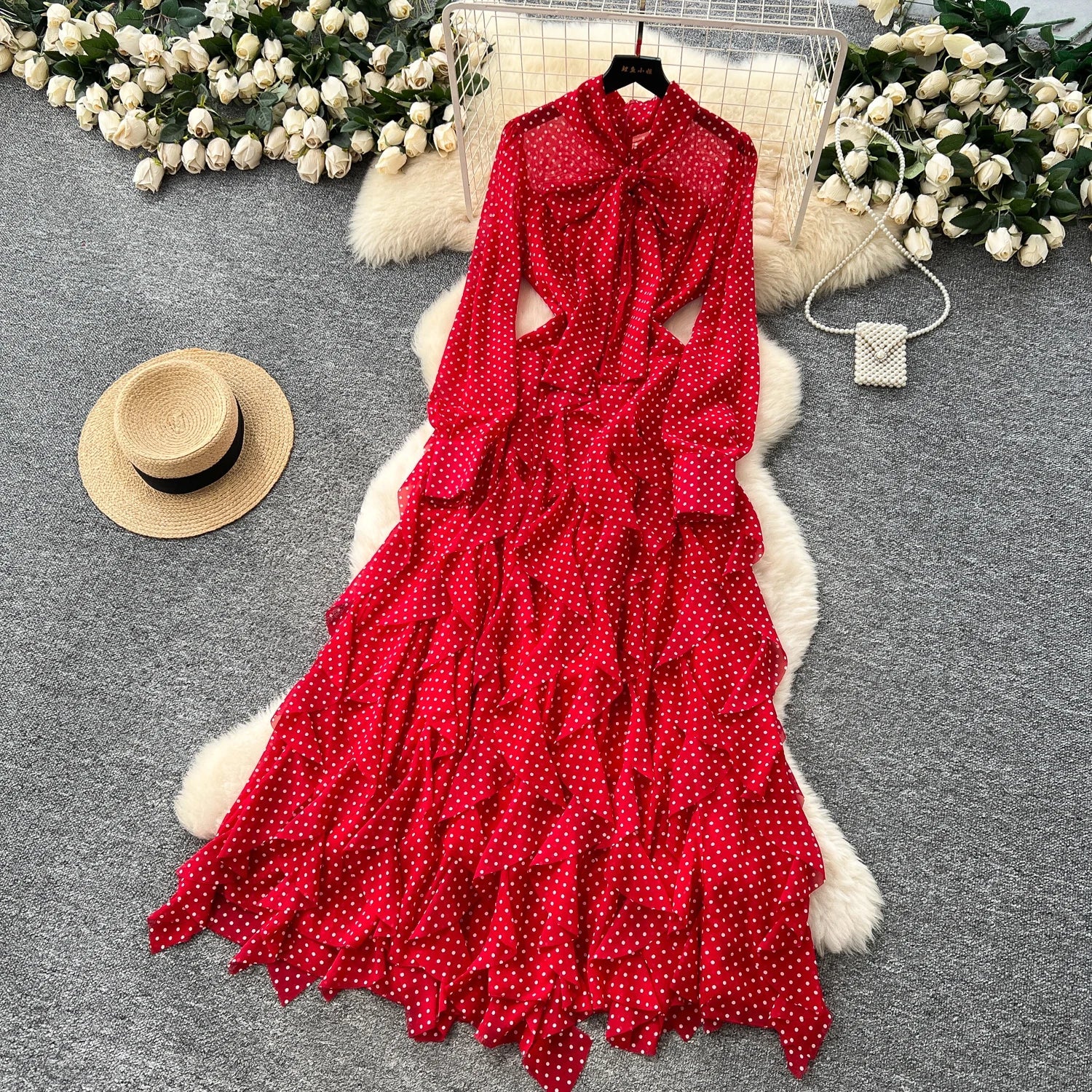 Gentle Polka Dots Long Dress Bow Collar Full Sleeves Ruffles Dresses Maxi Dress - American Thistle Gentle Polka Dots Long Dress Bow Collar Full Sleeves Ruffles Dresses Maxi Dress