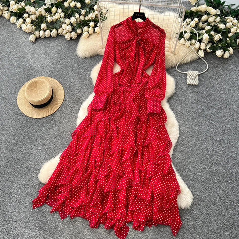 Gentle Polka Dots Long Dress Bow Collar Full Sleeves Ruffles Dresses Maxi Dress - American Thistle Gentle Polka Dots Long Dress Bow Collar Full Sleeves Ruffles Dresses Maxi Dress