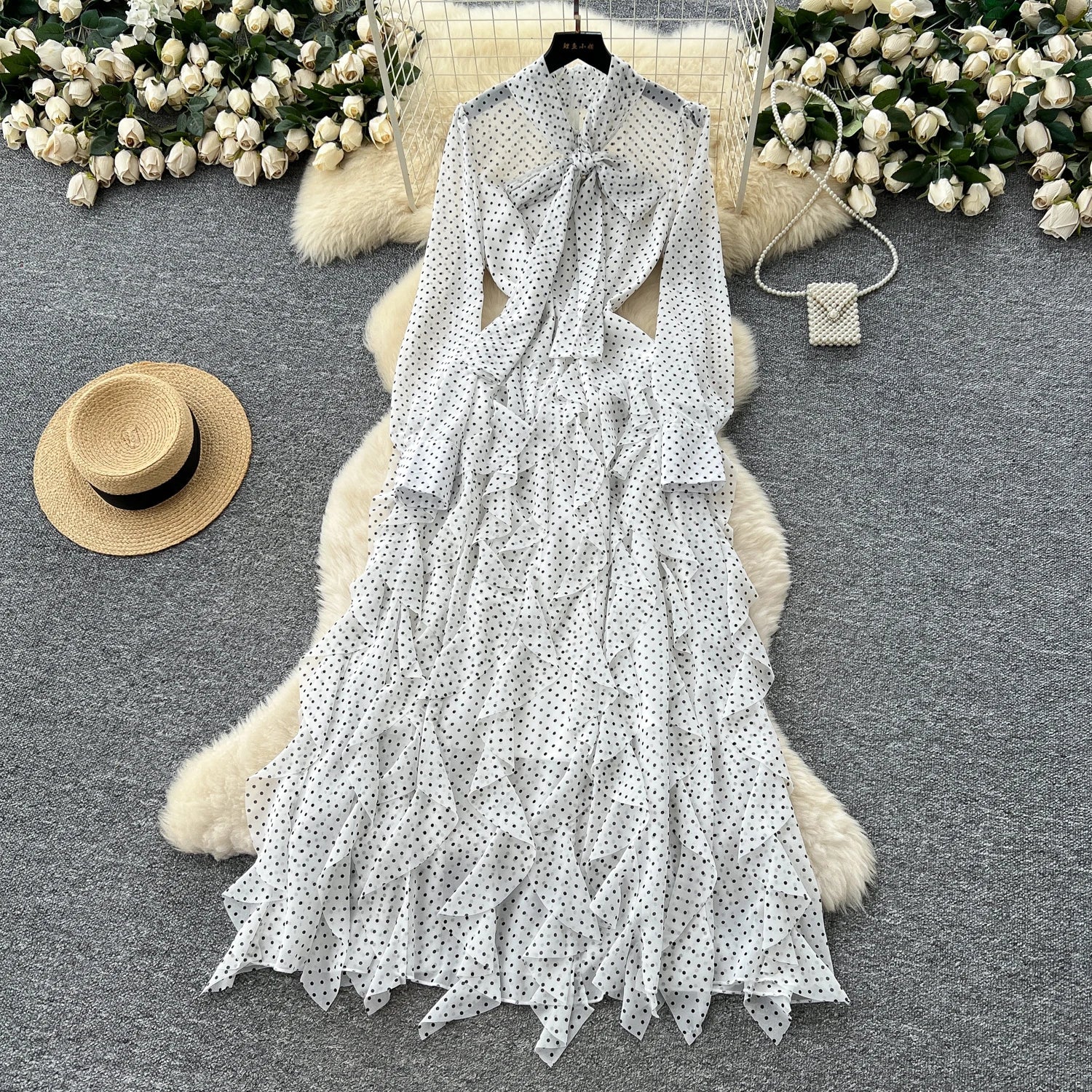 Gentle Polka Dots Long Dress Bow Collar Full Sleeves Ruffles Dresses Maxi Dress - American Thistle Gentle Polka Dots Long Dress Bow Collar Full Sleeves Ruffles Dresses Maxi Dress
