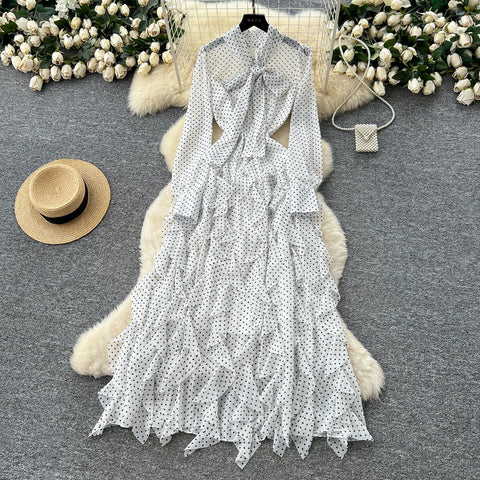 Gentle Polka Dots Long Dress Bow Collar Full Sleeves Ruffles Dresses Maxi Dress - American Thistle Gentle Polka Dots Long Dress Bow Collar Full Sleeves Ruffles Dresses Maxi Dress
