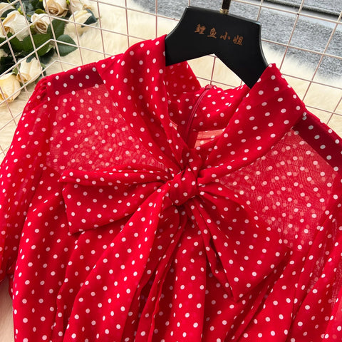 Gentle Polka Dots Long Dress Bow Collar Full Sleeves Ruffles Dresses Maxi Dress - American Thistle Gentle Polka Dots Long Dress Bow Collar Full Sleeves Ruffles Dresses Maxi Dress