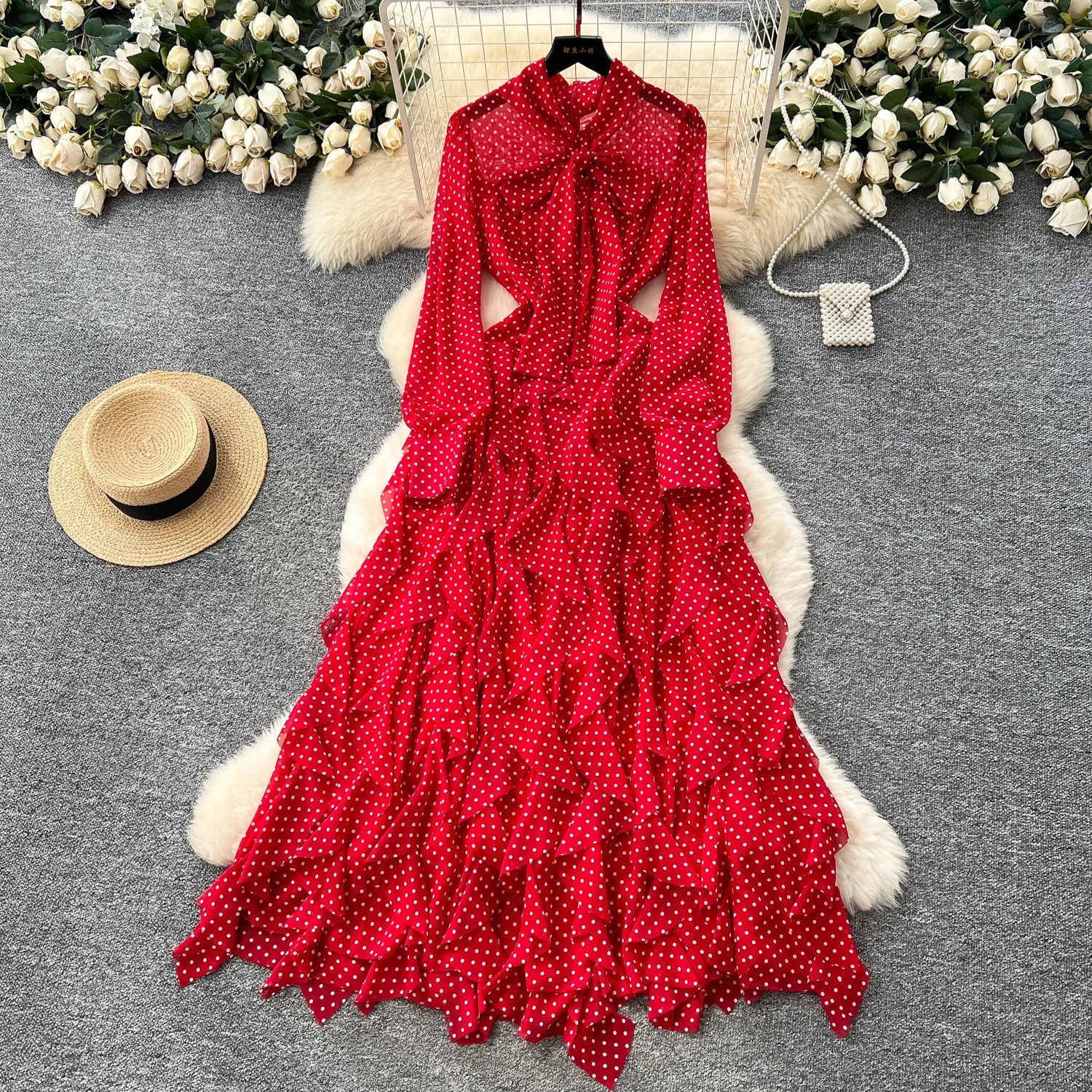 Gentle Polka Dots Long Dress Bow Collar Full Sleeves Ruffles Dresses Maxi Dress - American Thistle Gentle Polka Dots Long Dress Bow Collar Full Sleeves Ruffles Dresses Maxi Dress