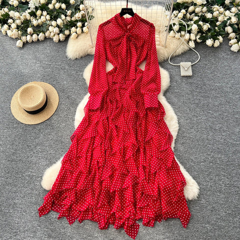 Gentle Polka Dots Long Dress Bow Collar Full Sleeves Ruffles Dresses Maxi Dress - American Thistle Gentle Polka Dots Long Dress Bow Collar Full Sleeves Ruffles Dresses Maxi Dress