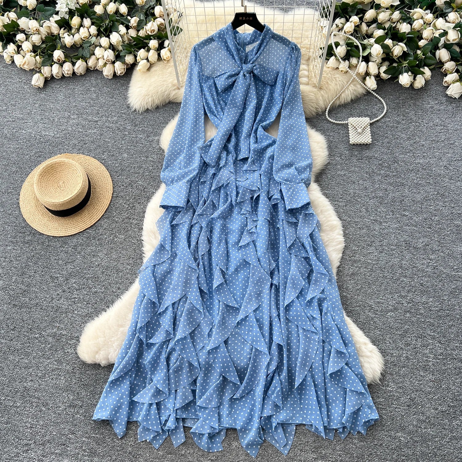 Gentle Polka Dots Long Dress Bow Collar Full Sleeves Ruffles Dresses Maxi Dress - American Thistle Gentle Polka Dots Long Dress Bow Collar Full Sleeves Ruffles Dresses Maxi Dress