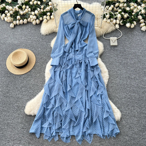 Gentle Polka Dots Long Dress Bow Collar Full Sleeves Ruffles Dresses Maxi Dress - American Thistle Gentle Polka Dots Long Dress Bow Collar Full Sleeves Ruffles Dresses Maxi Dress