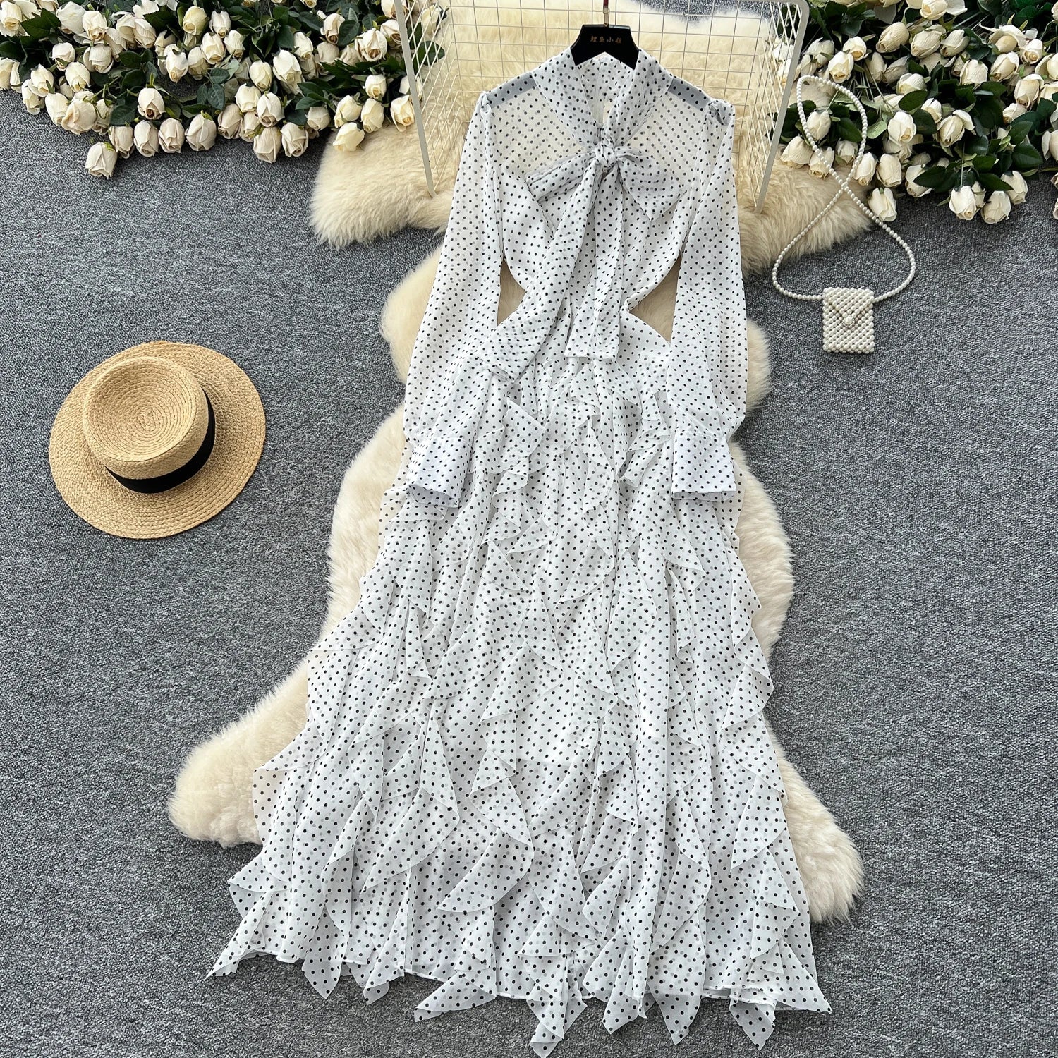 Gentle Polka Dots Long Dress Bow Collar Full Sleeves Ruffles Dresses Maxi Dress - American Thistle Gentle Polka Dots Long Dress Bow Collar Full Sleeves Ruffles Dresses Maxi Dress