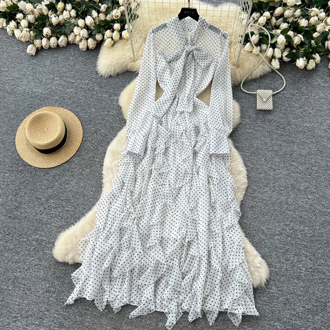 Gentle Polka Dots Long Dress Bow Collar Full Sleeves Ruffles Dresses Maxi Dress - American Thistle Gentle Polka Dots Long Dress Bow Collar Full Sleeves Ruffles Dresses Maxi Dress