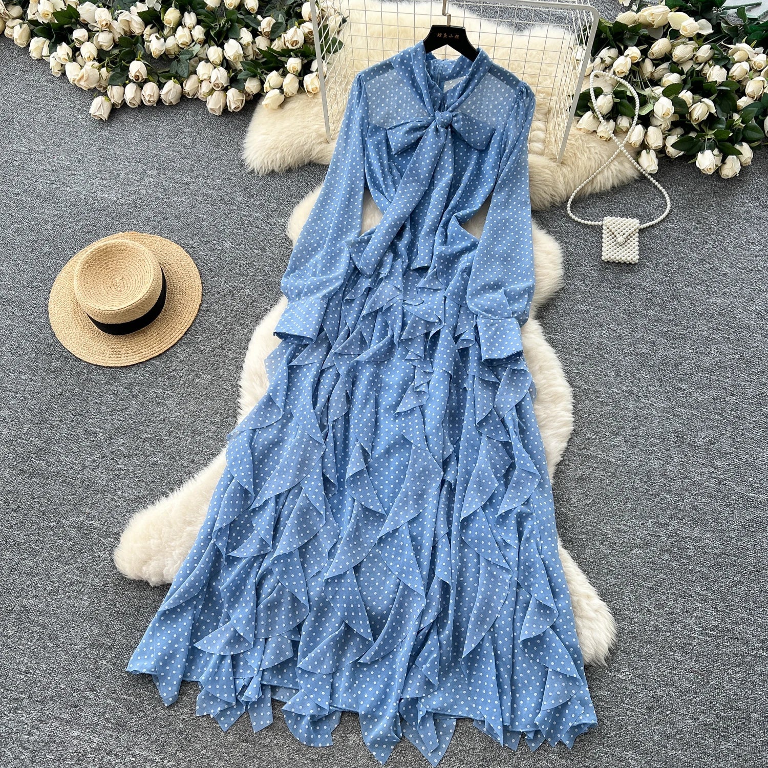 Gentle Polka Dots Long Dress Bow Collar Full Sleeves Ruffles Dresses Maxi Dress - American Thistle Gentle Polka Dots Long Dress Bow Collar Full Sleeves Ruffles Dresses Maxi Dress