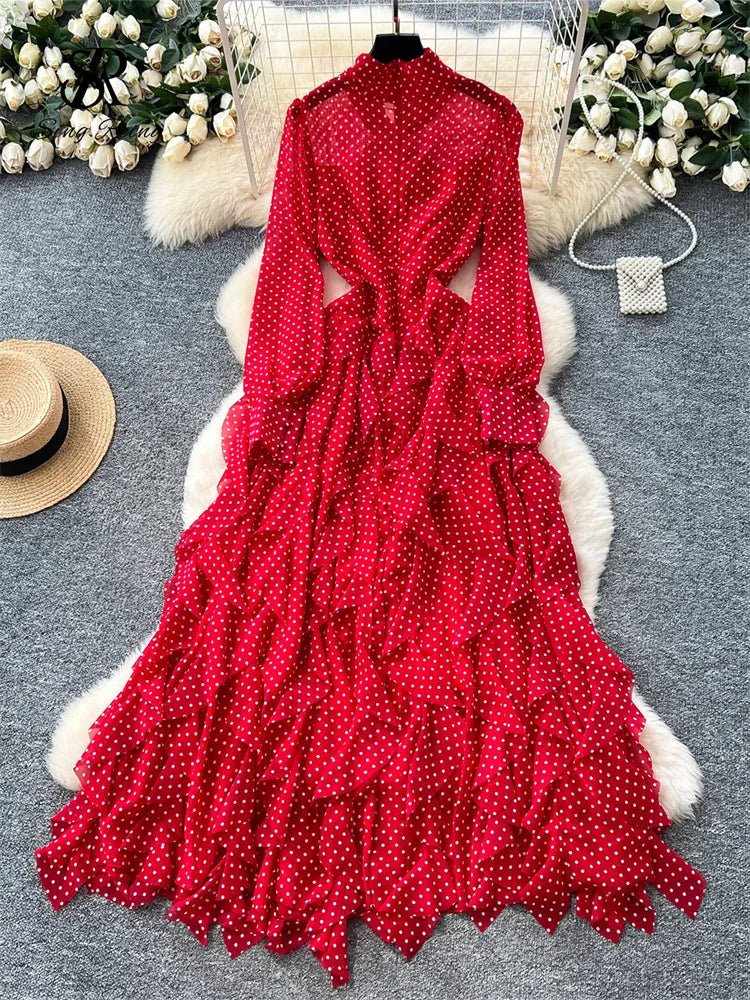 Gentle Polka Dots Long Dress Bow Collar Full Sleeves Ruffles Dresses Maxi Dress - American Thistle Gentle Polka Dots Long Dress Bow Collar Full Sleeves Ruffles Dresses Maxi Dress